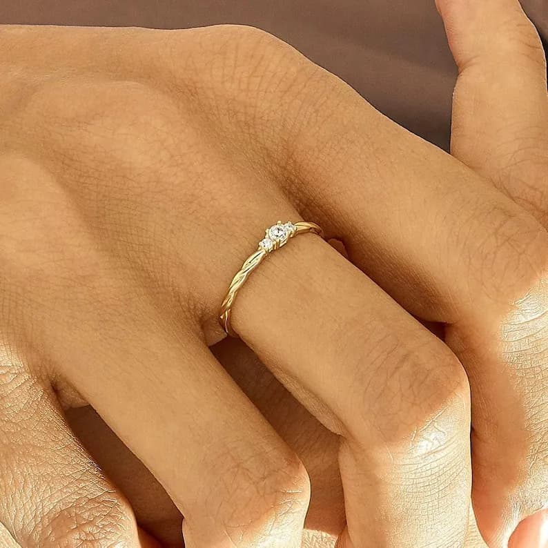 14k Solid Gold Twisted Solitaire Ring  Tiny Diamond Engagement Ring  Dainty Minimalist Ring  Promise Jewelry Gift for Her image 1