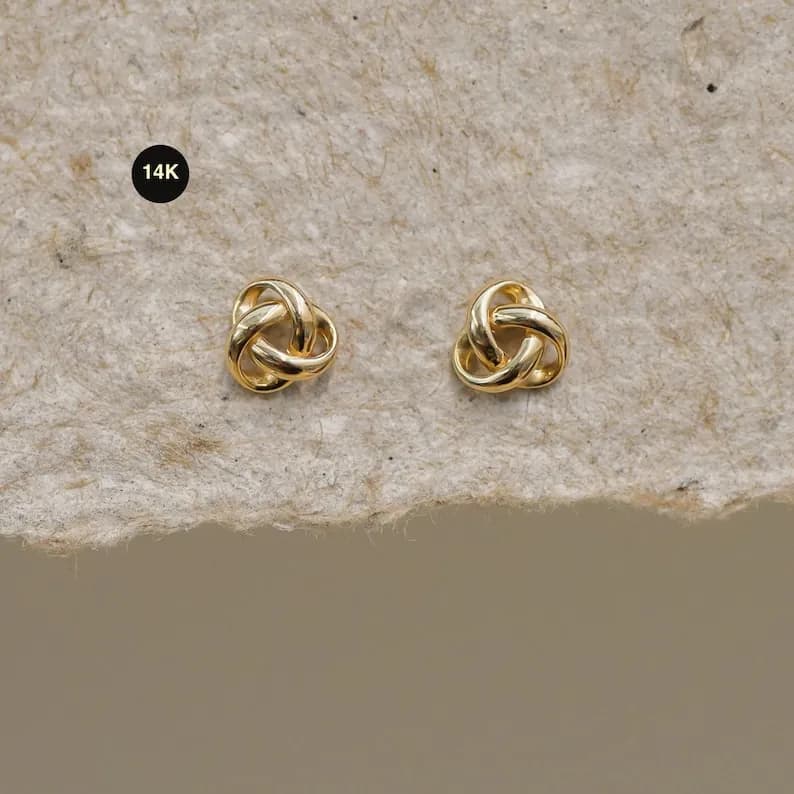 14K Solid Gold Love Knot Stud Earrings, Dainty Knot Gold Studs Gift image 1