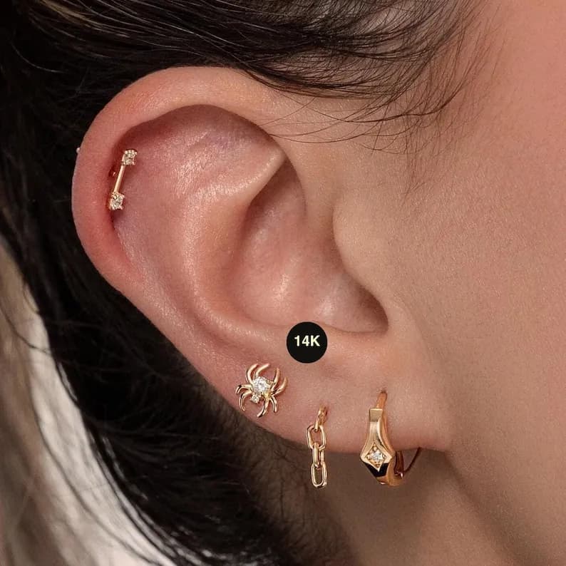 Elegant 14K Solid Gold Link Chain Drop Stud Earrings, Screw Back Dangle Earrings