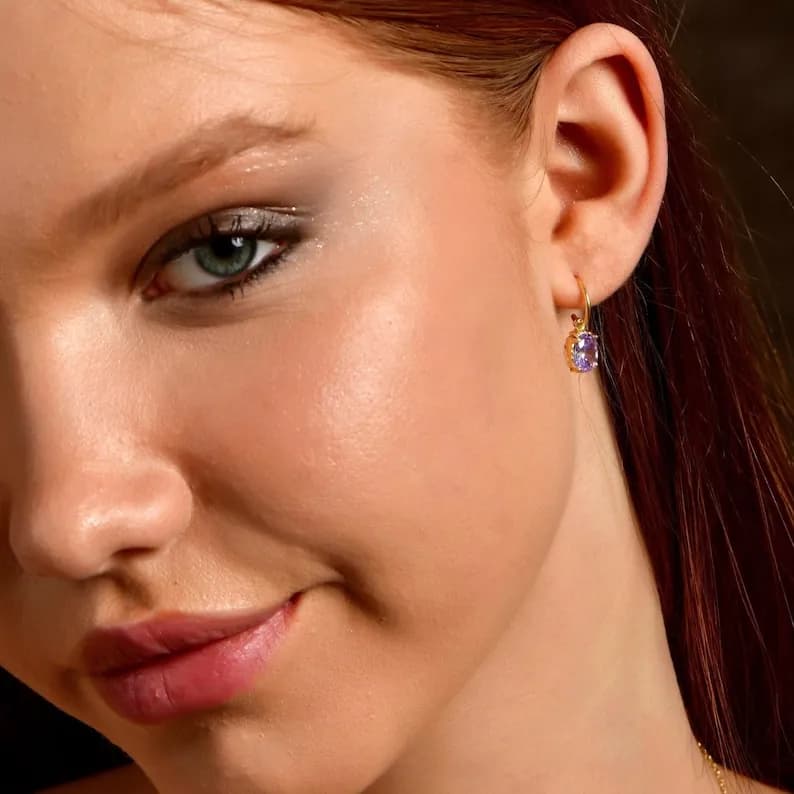 Silver Teardrop Alexandrite Hoop Earrings, Gold Plated June Birthstone Huggie Hoops, Oval Cut Alexandrite Drop Earrings, Jewelry For Women