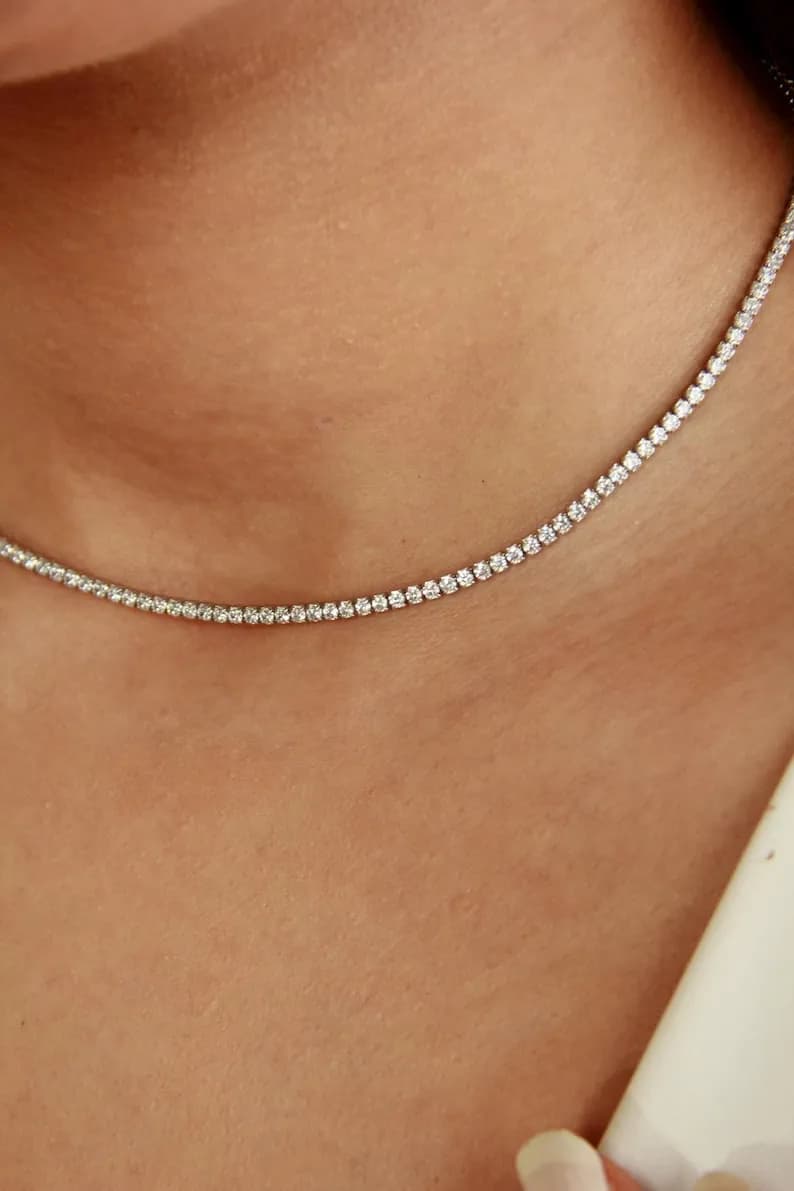 14K Gold Lab Grown Diamond Tennis Choker Necklace, CZ Tennis Crystal Jewelry, Bridal Minimalist Jewelry, Wedding Gift, Dainty Layering Gift image 1