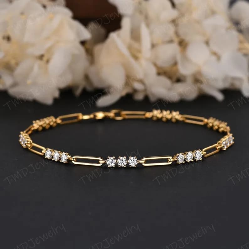 Dainty Moissanite Yellow Gold Tennis Bracelet: Bridal Jewelry Anniversary Gift Her