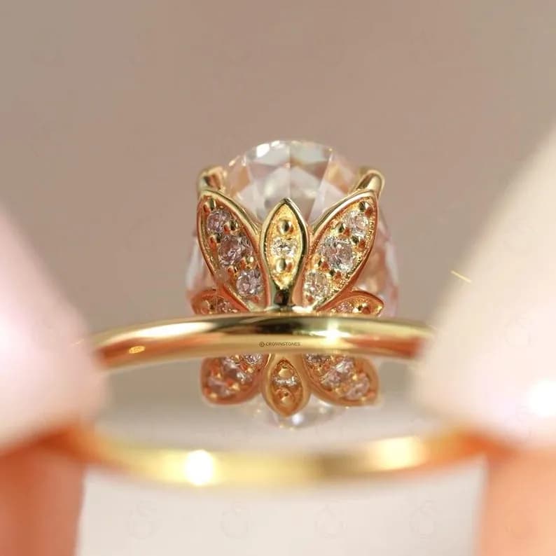 Nature-Inspired 3.0ct Oval Cut Lab Grown Diamond Engagement Ring, Solid Gold Tulip Style Hidden Halo Ring, Promise Anniversary Gift for Her by CrownStones