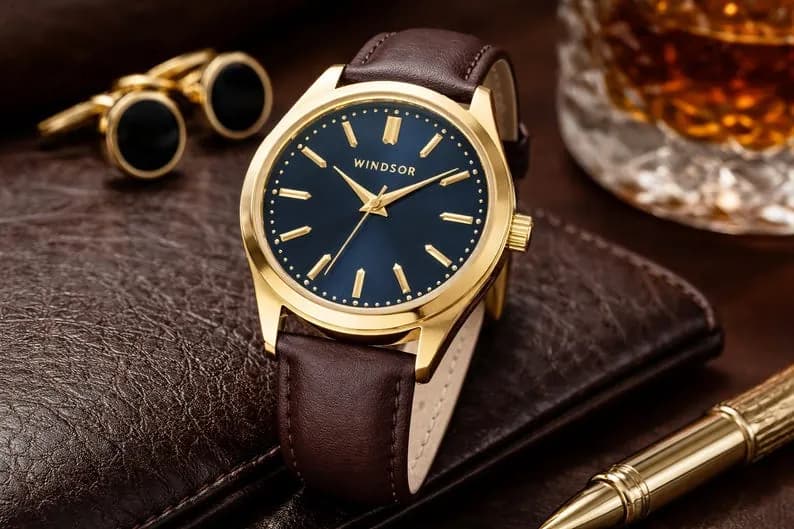 Gold-toned Windsor watch with a dark blue face and brown leather band, featuring gold hands and markers.