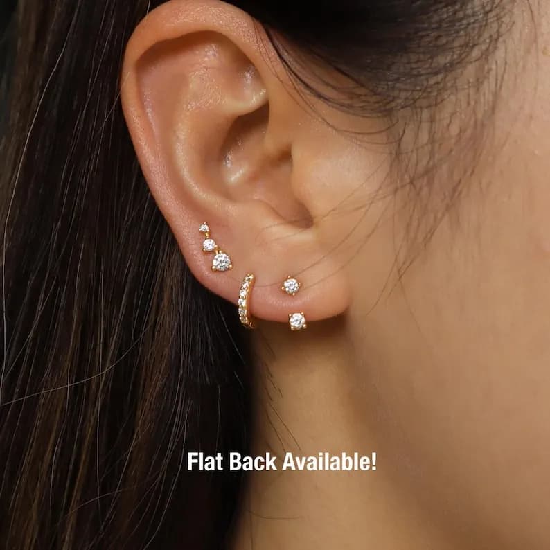 Waterproof - Dainty earring set, everyday earring stack, sterling silver flat back earring set, gift for her image 1