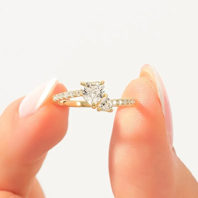 Double Heart Promise Ring with Sidestones / 14k Solid Gold / Moissanite - IGL Certified Lab Diamond / Unique Ring for Women